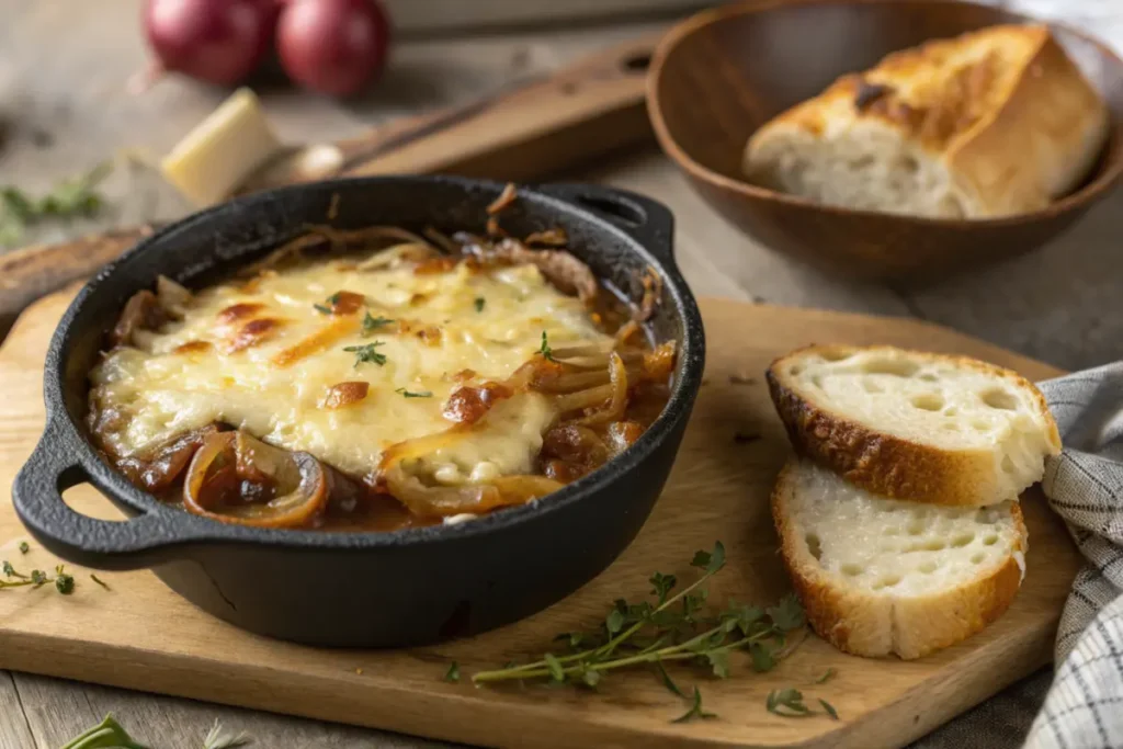 Delicious French onion soup rice in a skillet.