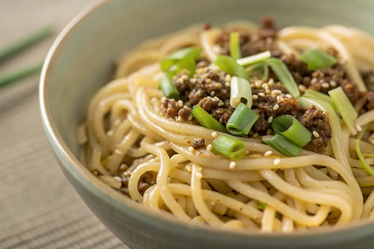 Delicious Mongolian ground beef noodles dish.