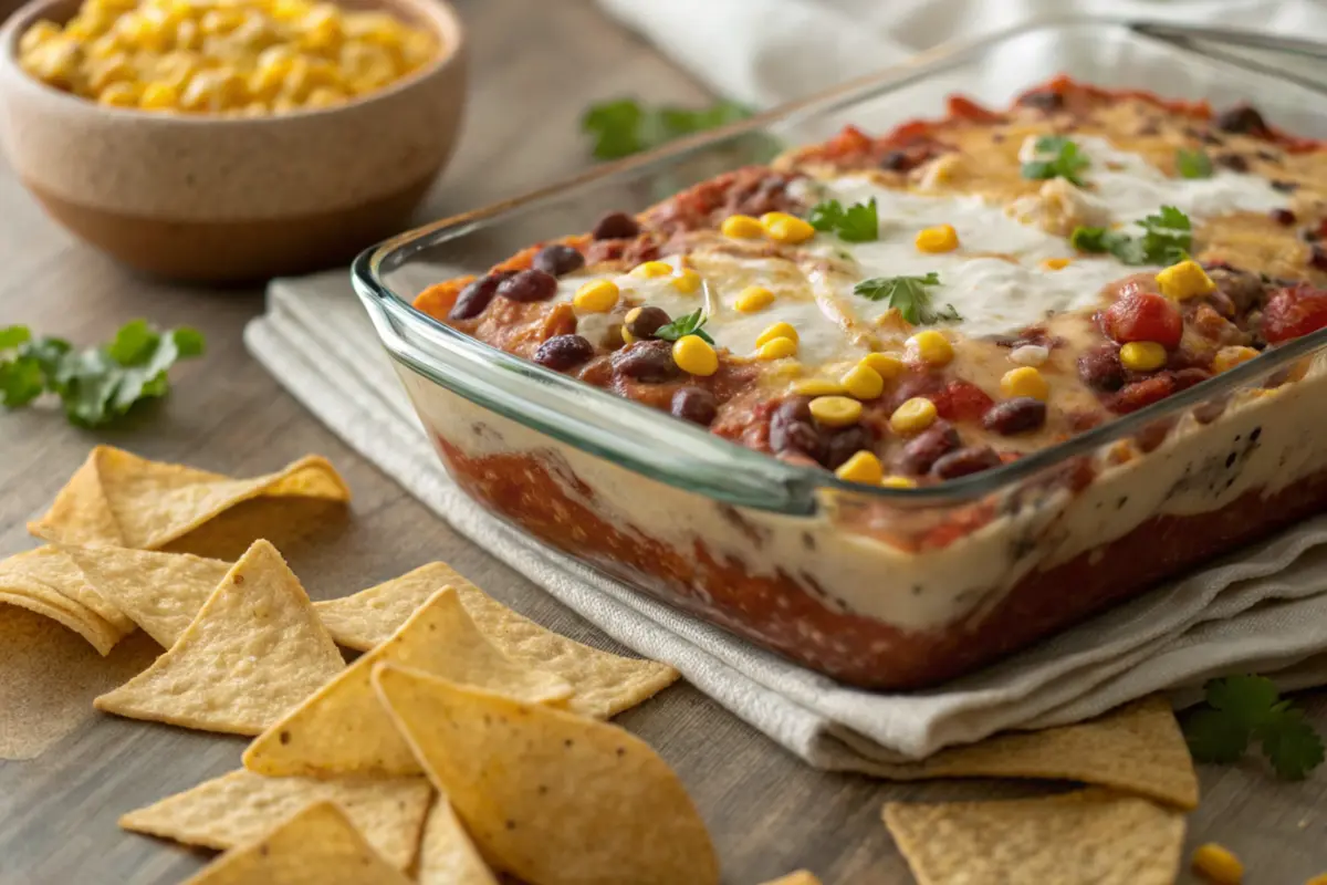 Delicious Texas trash dip with chips.