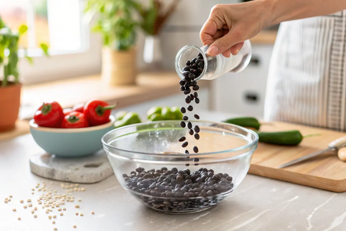 Pouring dried black beans into a bowl of water for soaking