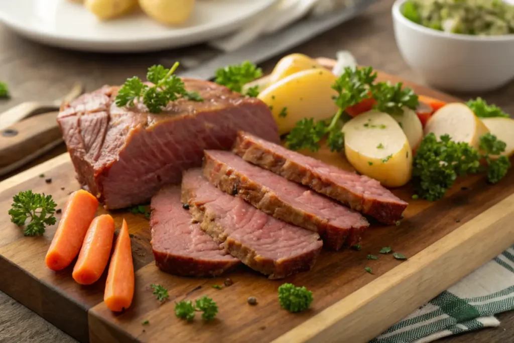 Sliced corned beef instant pot brisket on a platter