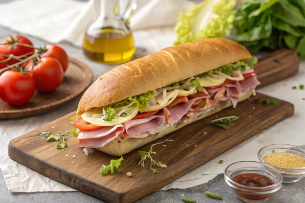 Jersey Mike's sub sandwich with fresh ingredients, drizzled with their signature blend of olive oil and red wine vinegar