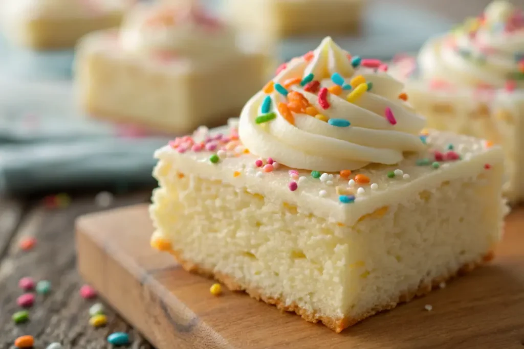 A close-up of a single cake bar with frosting.