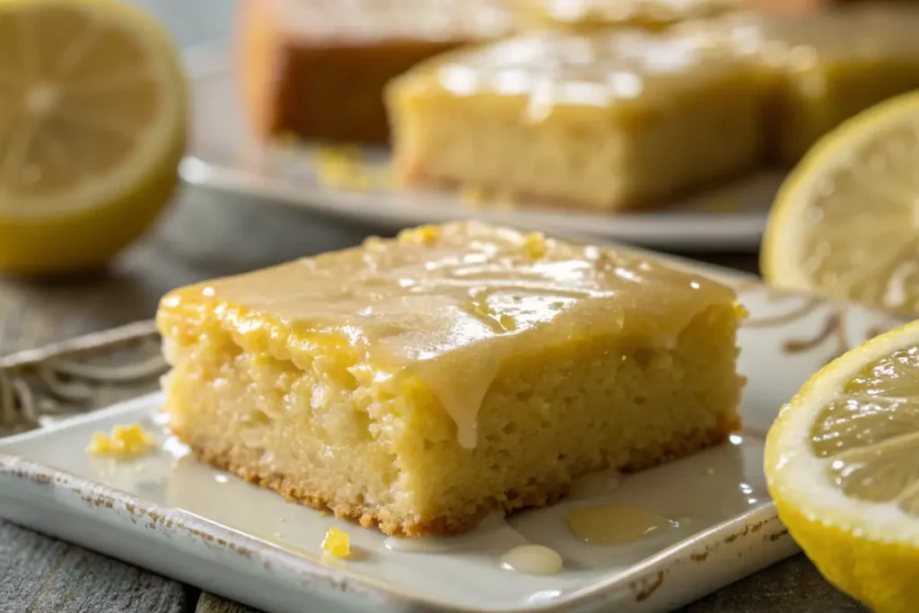 Close-up of a lemon brownie with a lemon glaze.