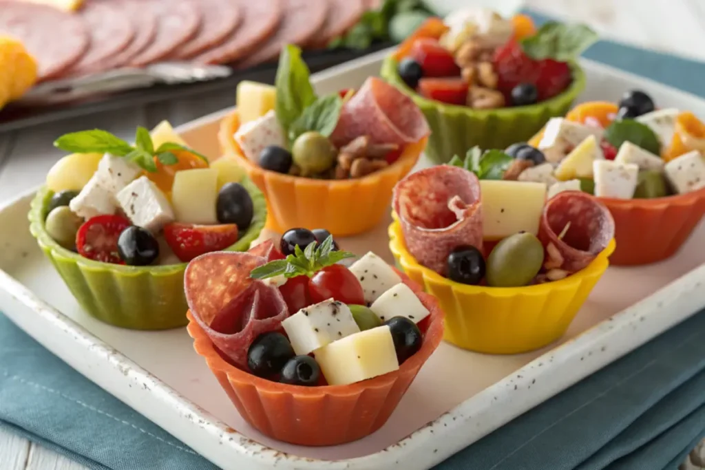 Close-up of beautifully arranged charcuterie cups.