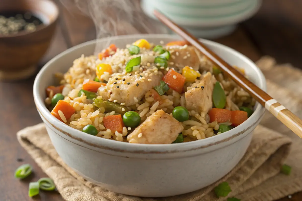 A bowl of freshly prepared Benihana chicken fried rice garnished with green onions and sesame seeds