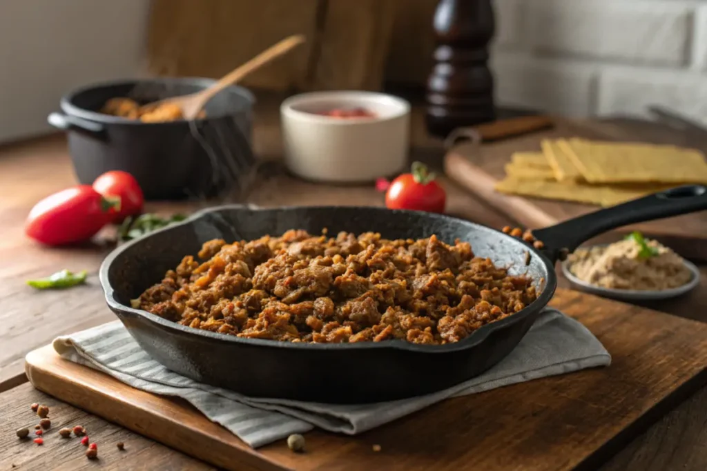 Cooking carne molida in a skillet