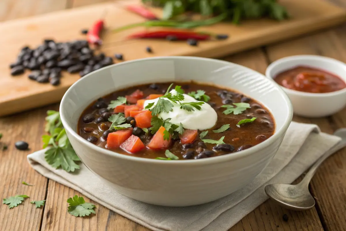 Black bean soup garnished with Greek yogurt and herbs