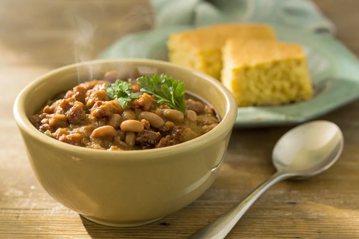 Bowl of baked beans with ground beef garnished with parsley on a wooden table