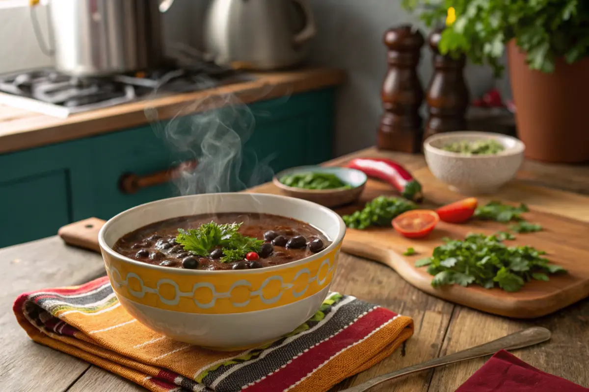 Steaming bowl of black bean soup on a wooden table.