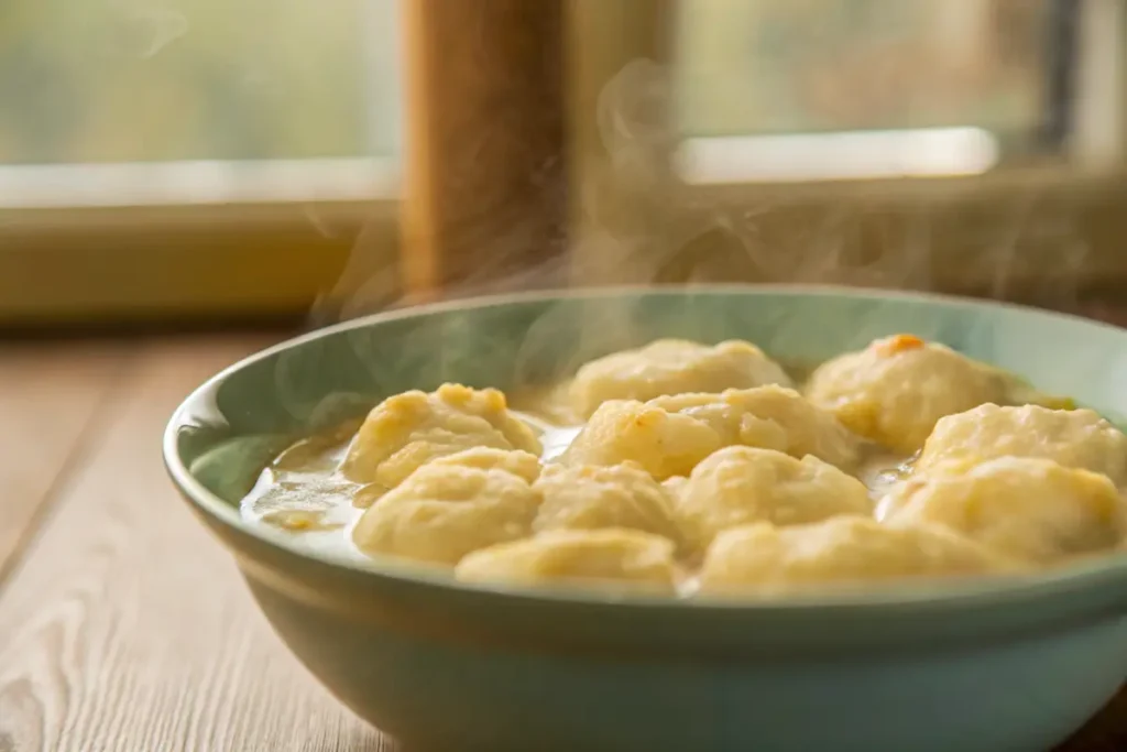 Homemade chicken and dumplings with fluffy dumplings in a bowl