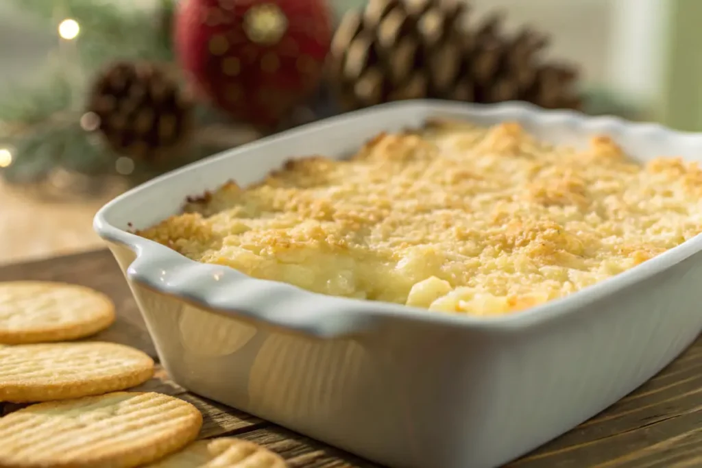 A freshly baked pineapple casserole with a golden cracker topping