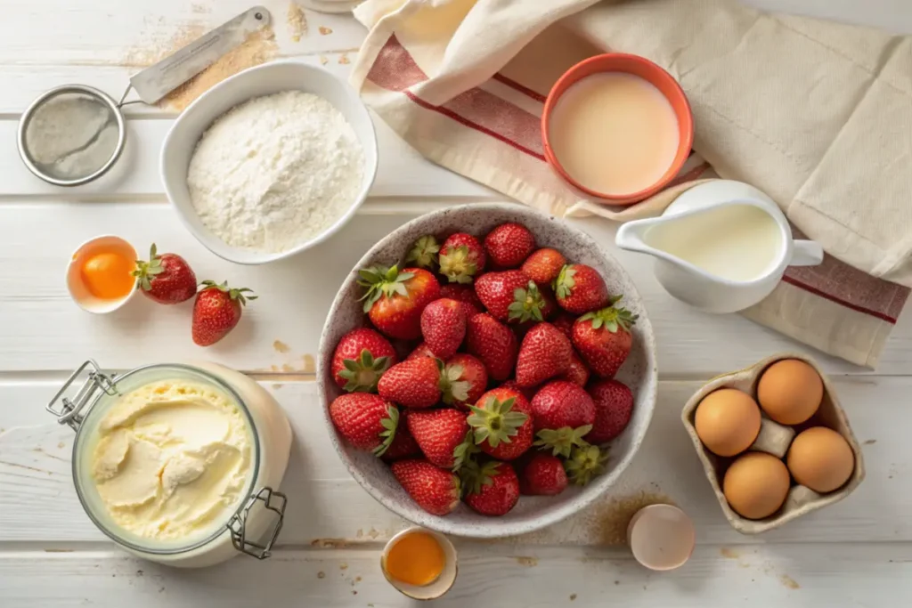 Ingredients for Strawberry Tres Leches Cake displayed on a wooden countertop.