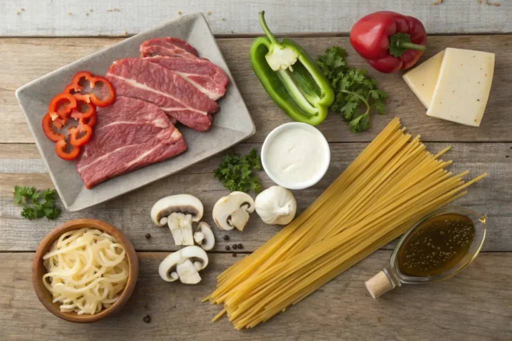 Fresh ingredients for Philly Cheesesteak Pasta, including pasta, steak, bell peppers, onions, mushrooms, cheese, and garlic, arranged on a wooden surface.