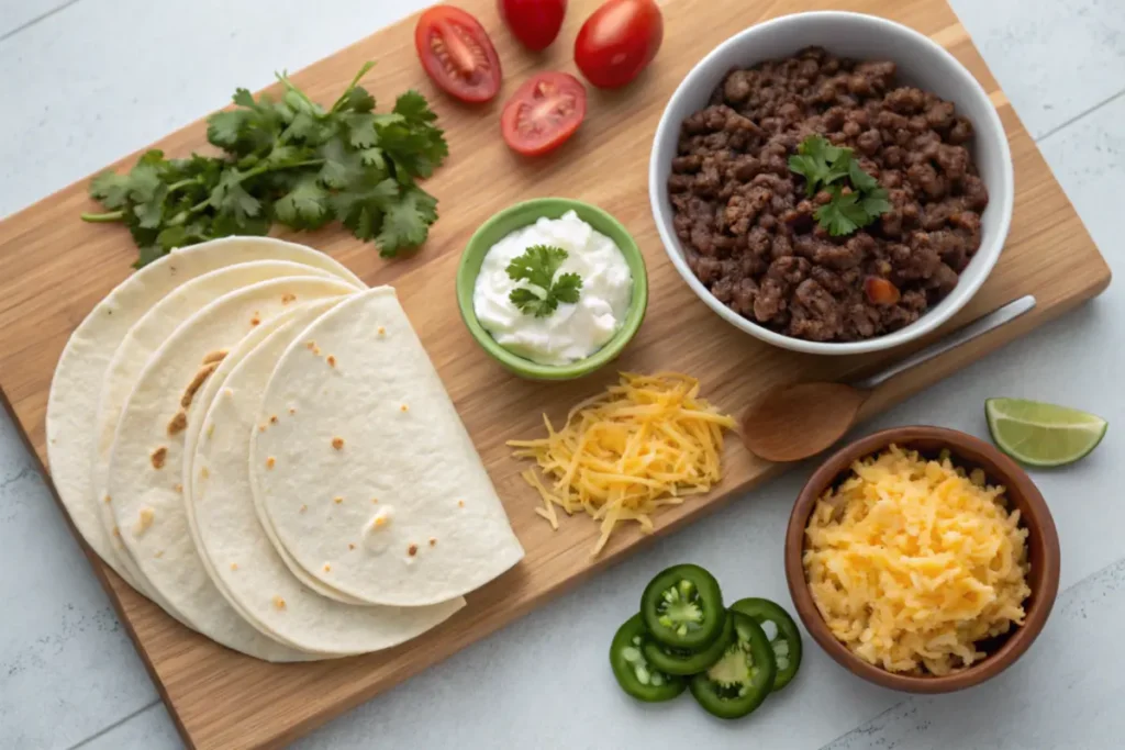 Ingredients for a Beefy Five Layer Burrito, including tortillas, beef, beans, cheese, and sour cream, arranged on a wooden board