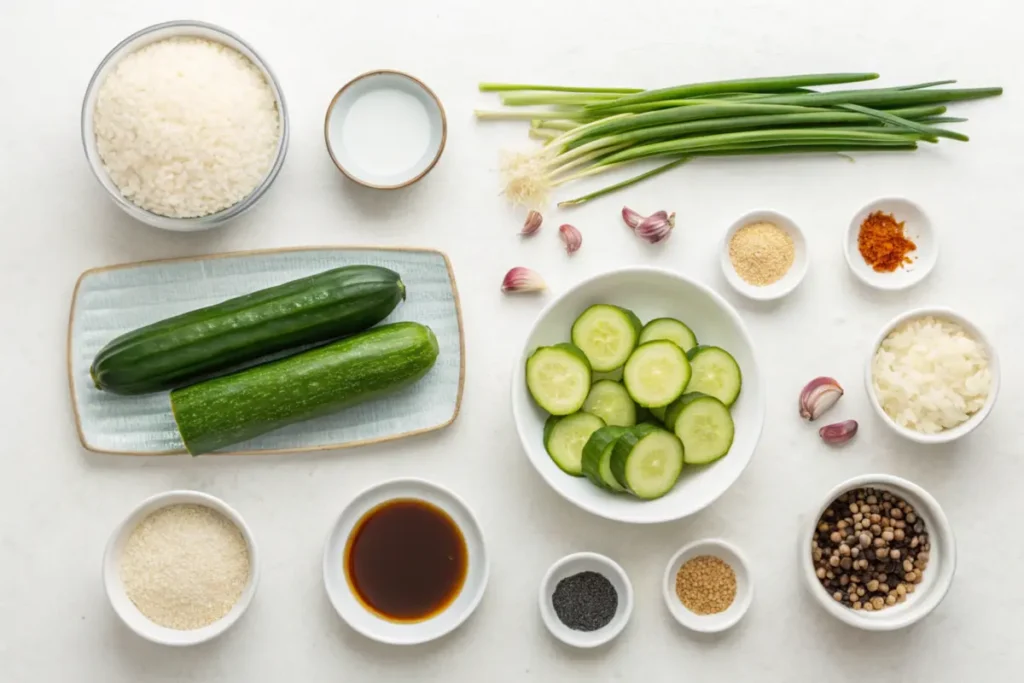 Ingredients for Din Tai Fung cucumber recipe including soy sauce, cucumbers, and garlic