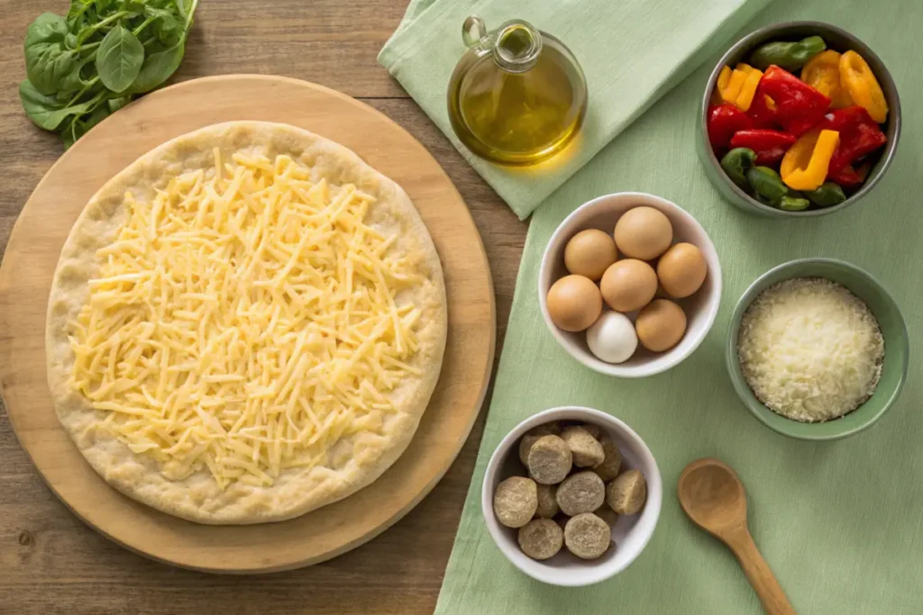 Ingredients for breakfast pizza including whole grain crust, vegetables, eggs, and cheese.