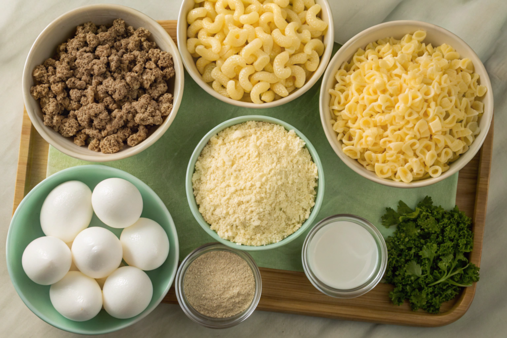 Ingredients for Mac and Cheese Meatloaf Casserole laid out on a marble countertop.