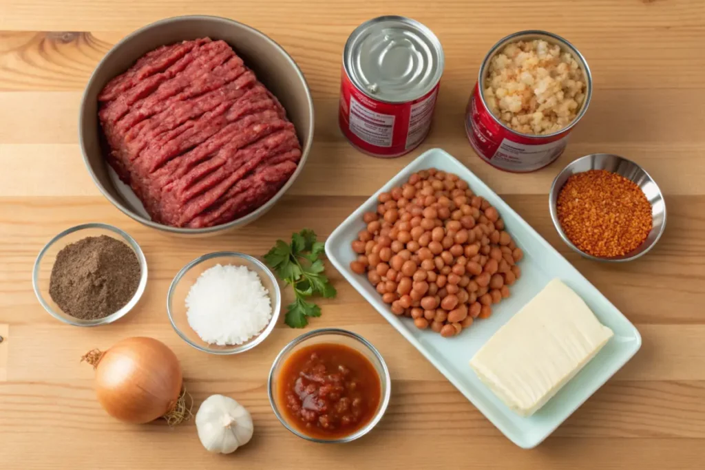 Ingredients for baked beans with ground beef including ground beef, baked beans, onions, garlic, and spices