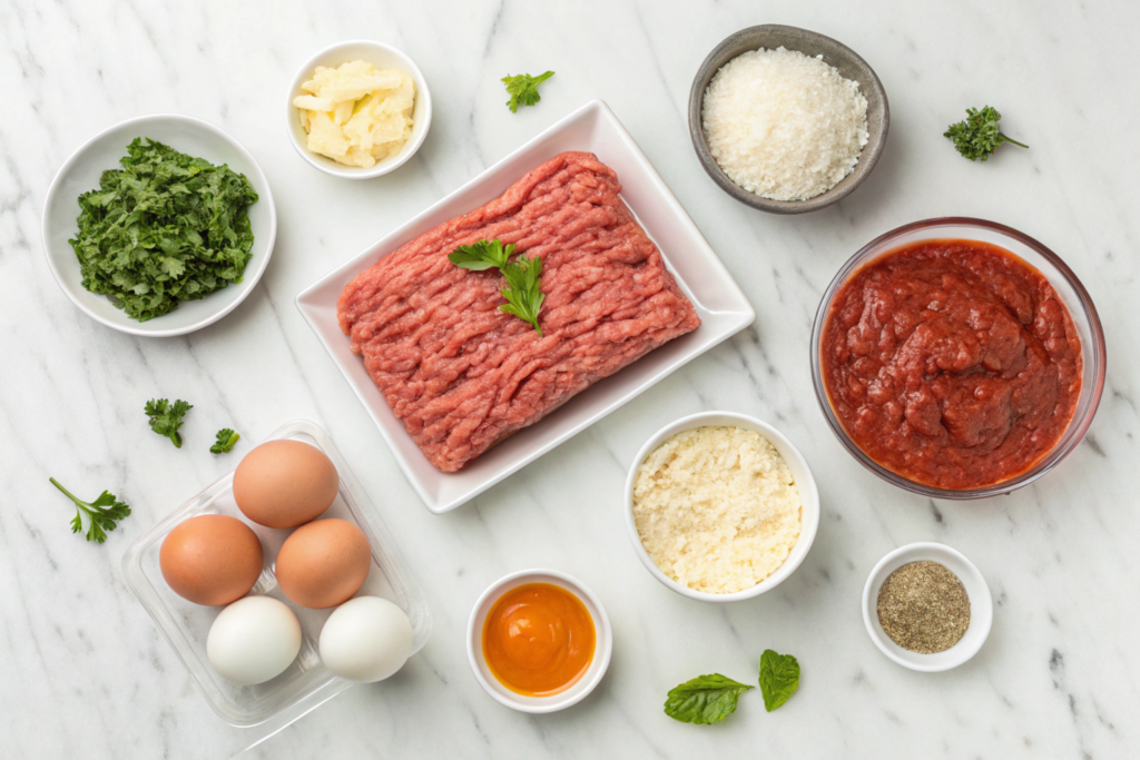 Ingredients for authentic Italian meatloaf on a marble countertop