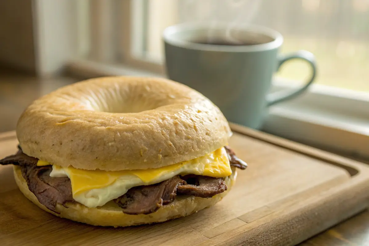 Close-up of a steak, egg, and cheese bagel sandwich with coffee.