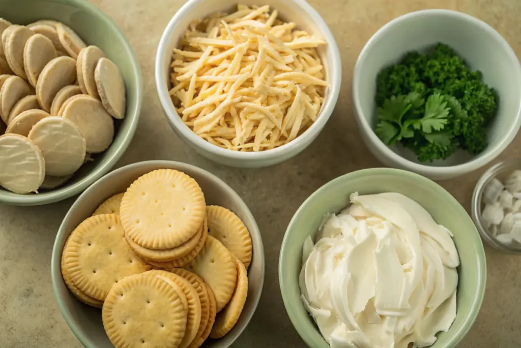 Ingredients for Million Dollar Chicken Casserole laid out.