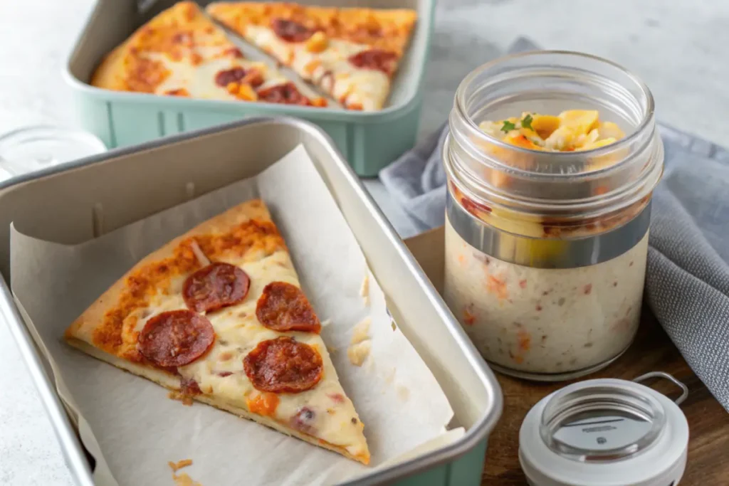 Packed breakfast pizza slice in a lunch container.