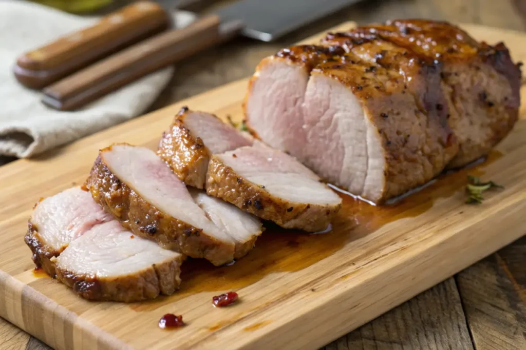 Perfectly cooked pork slice showing ideal pork cook temp