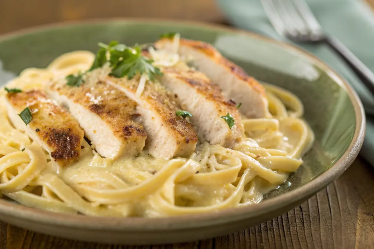 Garlic Parmesan Chicken Pasta served with creamy sauce and fresh parsley