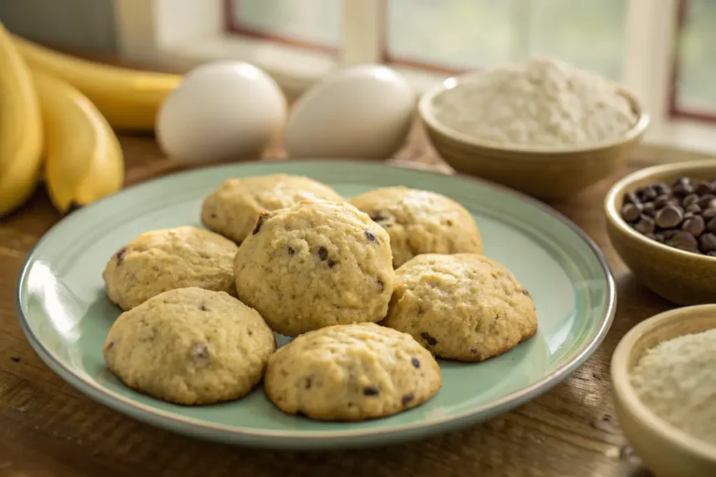 Freshly baked banana bread cookies on a rustic table with baking ingredients