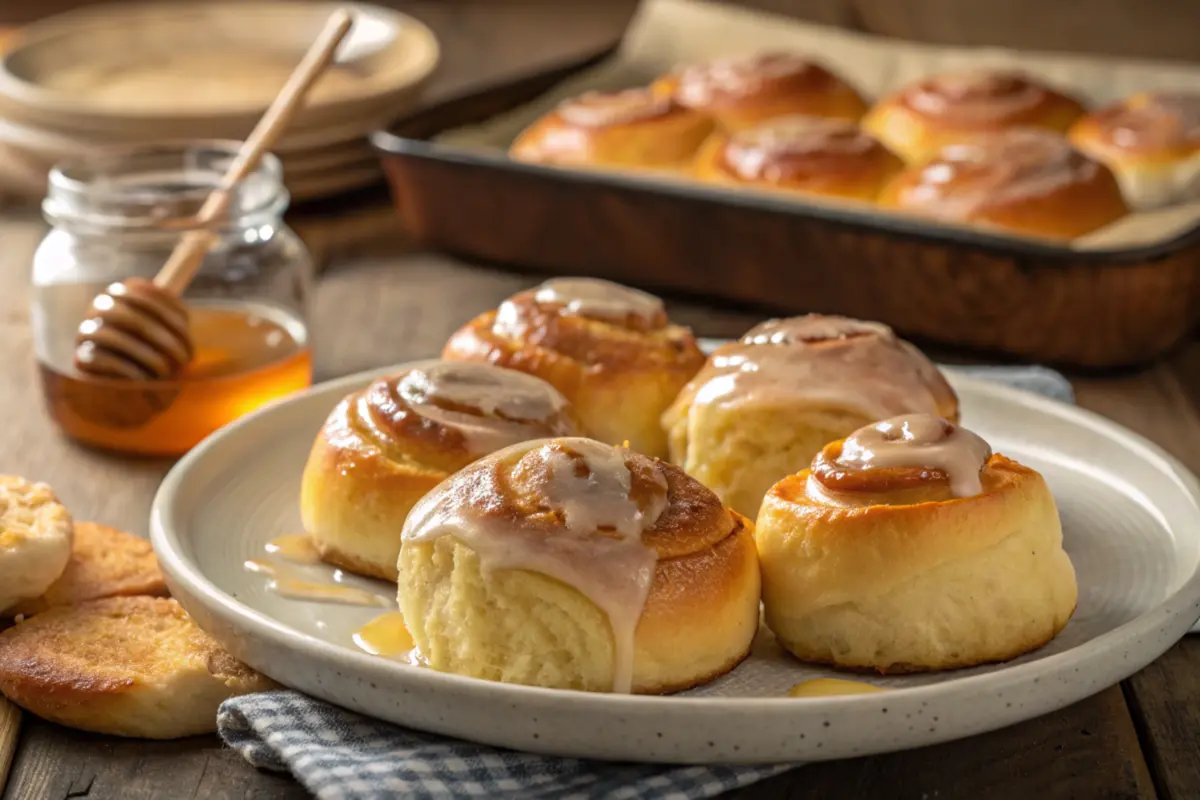 Freshly baked honey buns on a plate