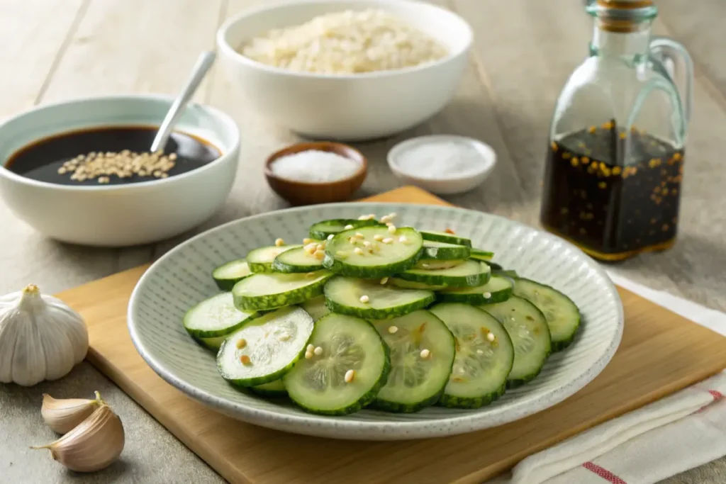 Ingredients for Din Tai Fung cucumber recipe on a kitchen countertop"