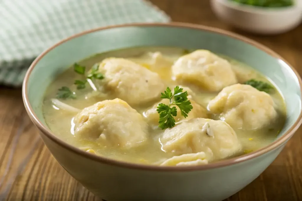 A bowl of Cracker Barrel chicken and dumplings on a rustic Southern table.