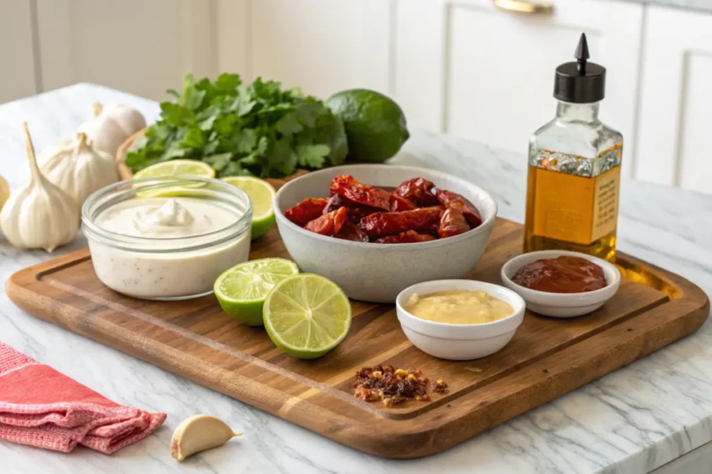 Ingredients for healthy chipotle salad dressing on a cutting board