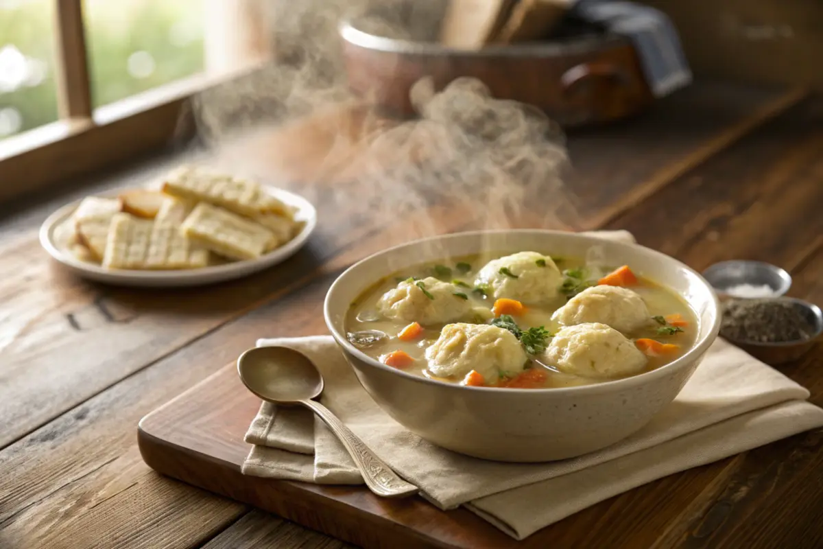 Cracker Barrel dumplings in a bowl of homemade chicken and dumpling soup