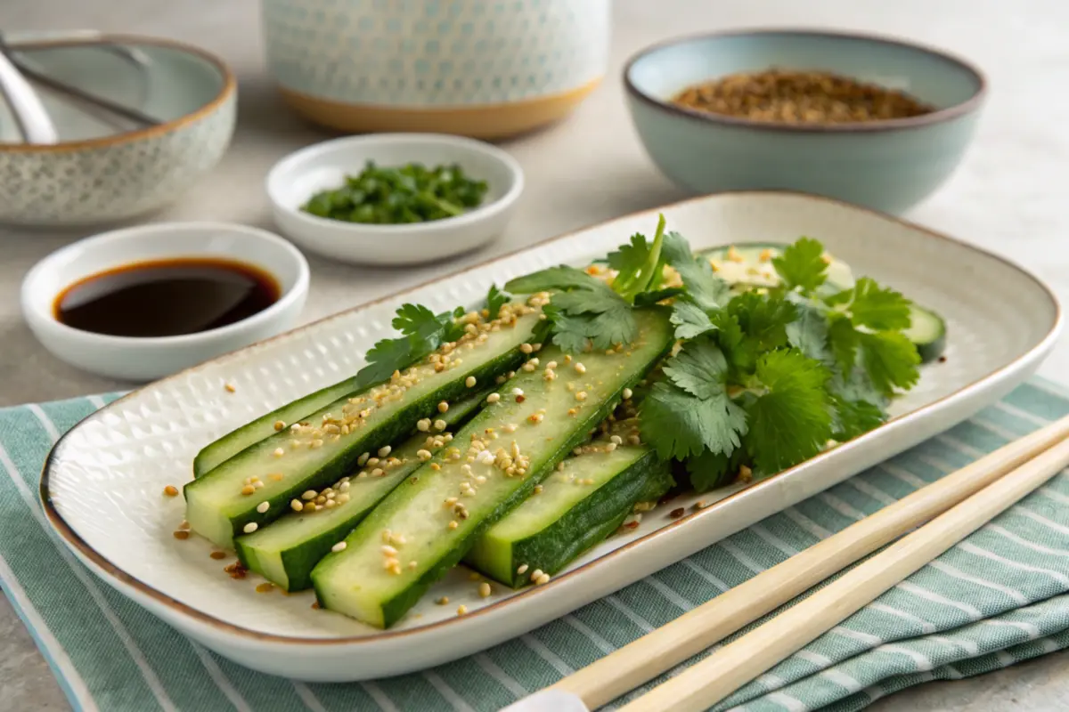 Din Tai Fung style cucumber dish garnished with sesame seeds