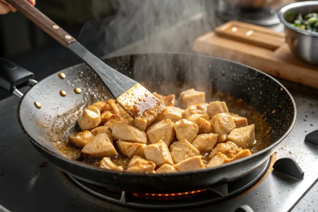 Chicken pieces being stir-fried in a wok with sesame oil