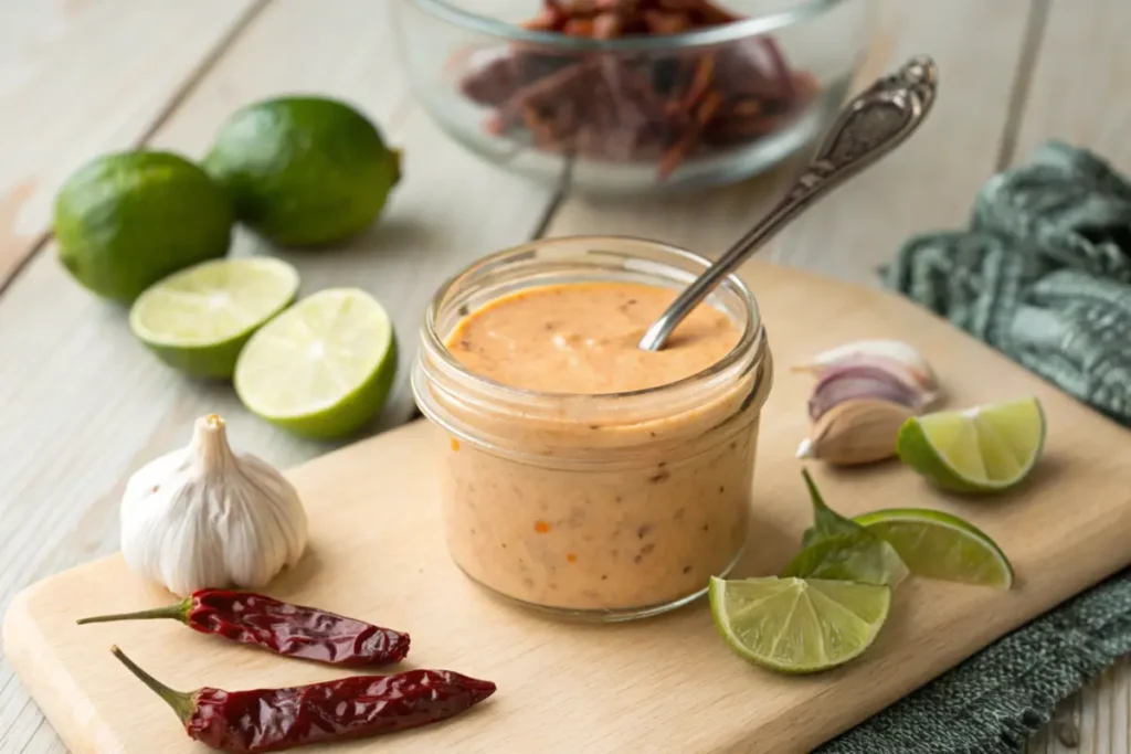 Healthy chipotle salad dressing in a jar with fresh ingredients