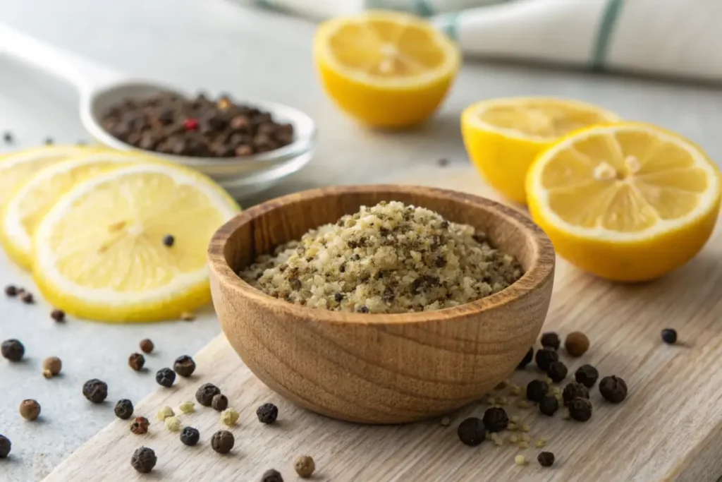 Fresh lemon pepper seasoning in a small bowl with citrus slices.