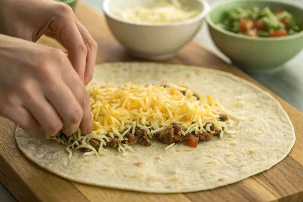 Hands assembling a Beefy Melt Burrito with rice, beef, and toppings