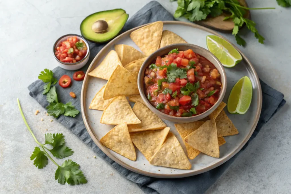 Fresh homemade chips and salsa in bowls.