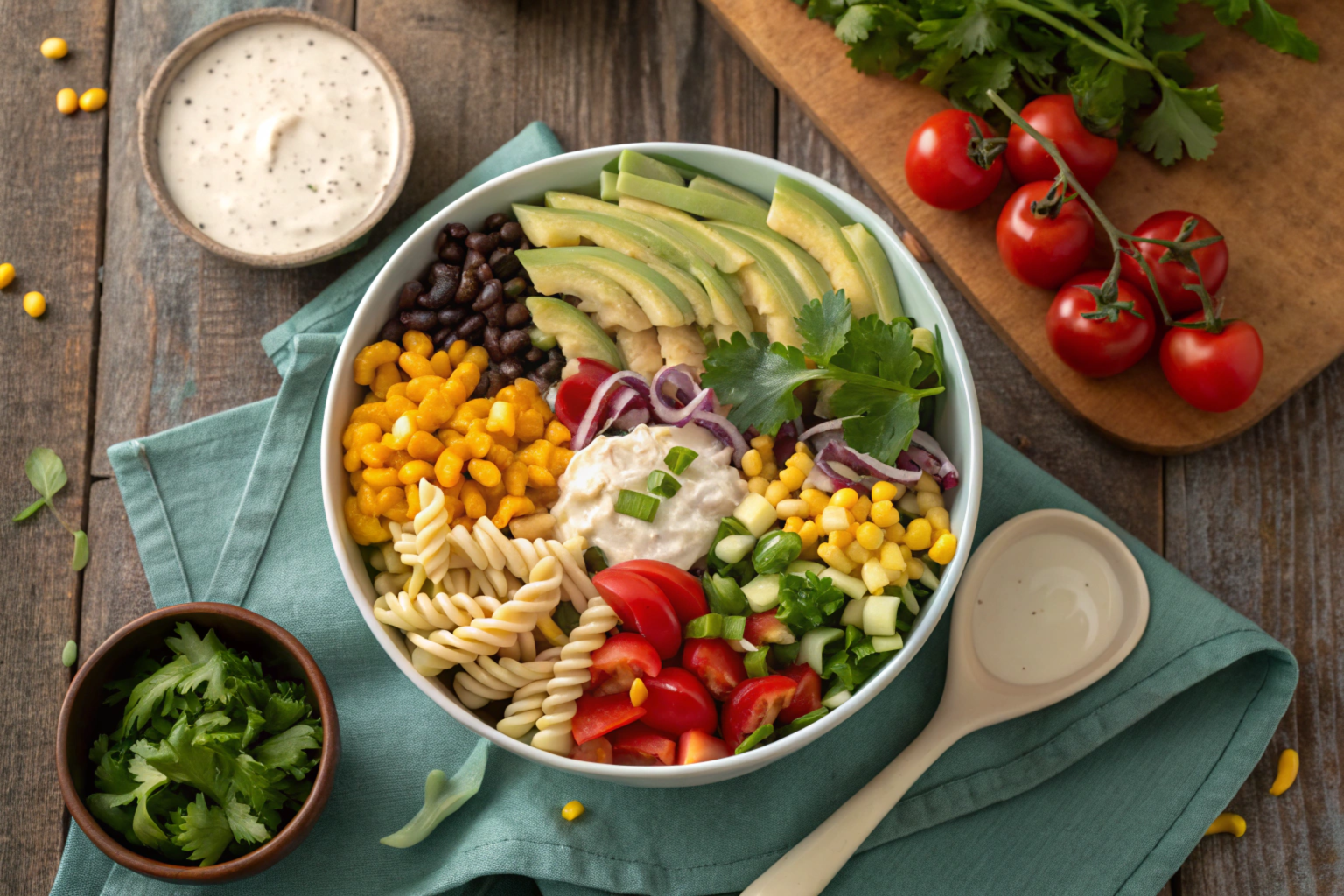 Cowboy past salad served in a rustic bowl with fresh ingredients