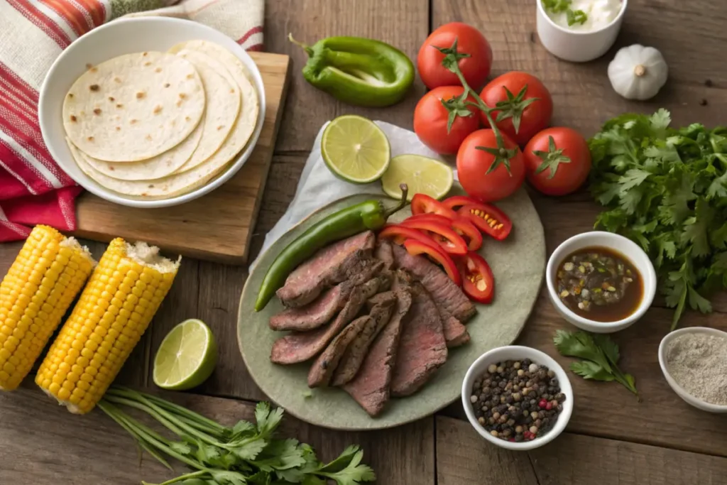 Fresh ingredients for Bistec Ranchero including thinly sliced beef, tomatoes, onions, bell peppers, jalapeños, garlic, cilantro, and spices on a wooden table