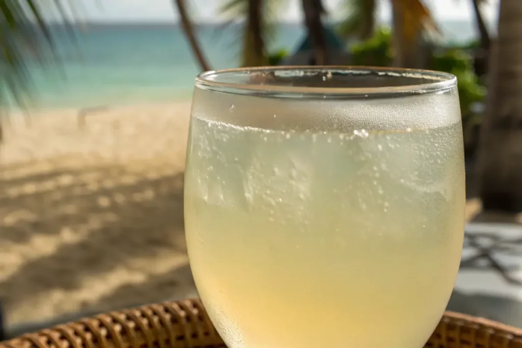 Close-up of a frosty malibu bay breeze cocktail on a table under bright sunlight