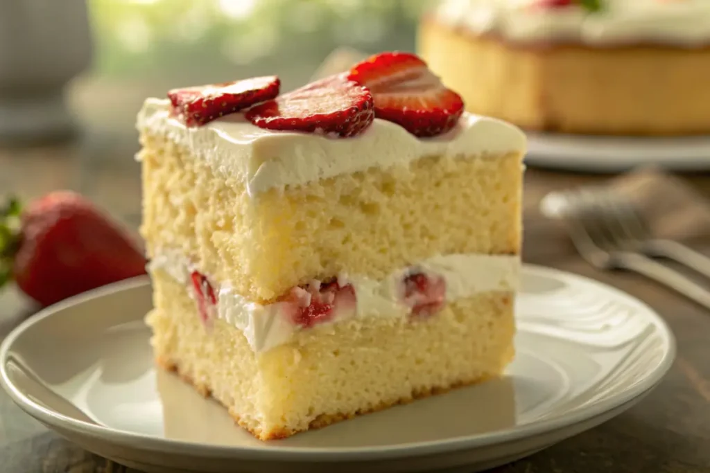 A slice of Strawberry Tres Leches Cake with whipped cream and strawberries.