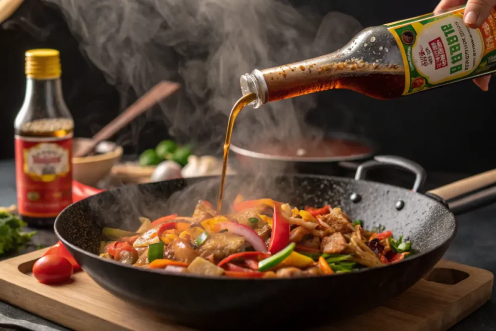 Pouring Chinkiang vinegar into a stir-fry dish in a wok