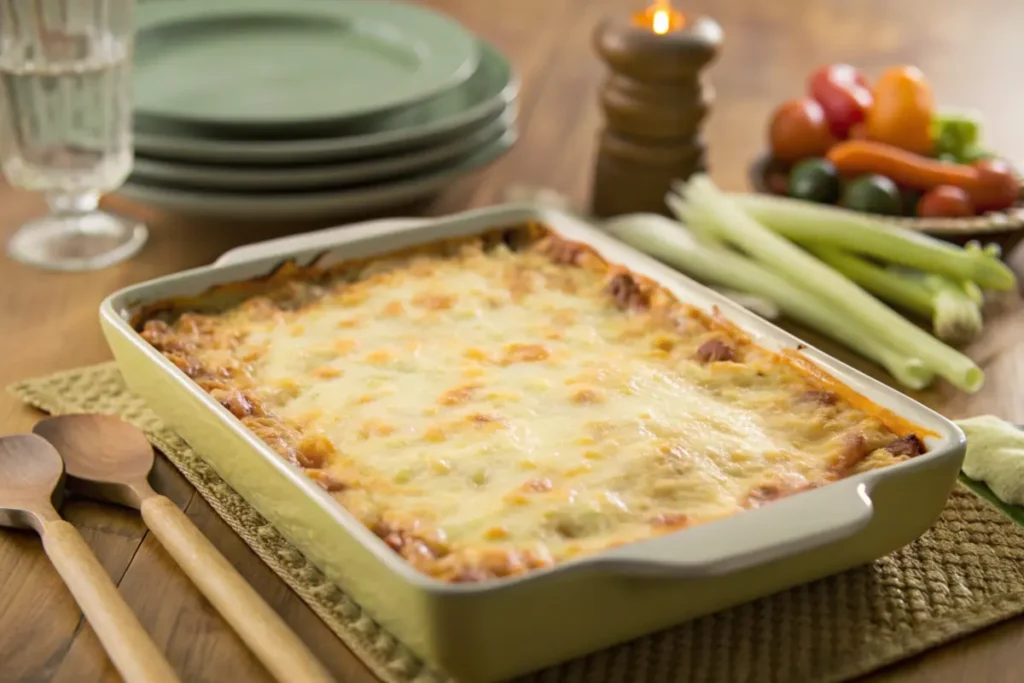 Hearty cowboy casserole topped with golden tater tots and melted cheese