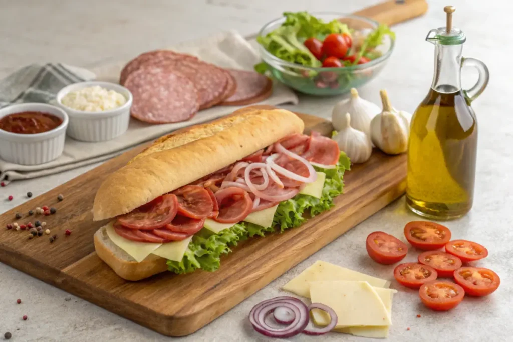 Jersey Mike's Italian sub ingredients arranged on a cutting board