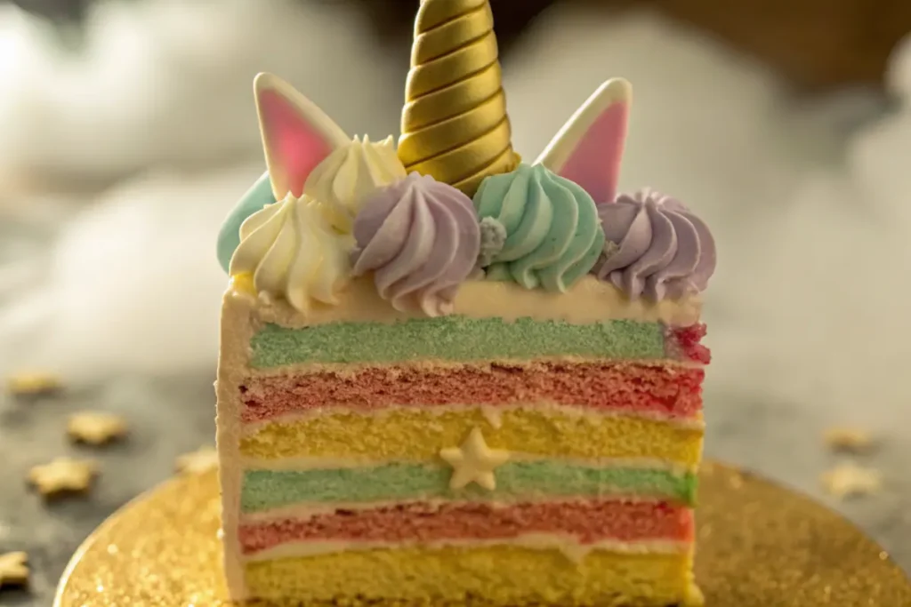 A vibrant Unicorn Cake with rainbow layers, a golden horn, and pastel buttercream swirls.