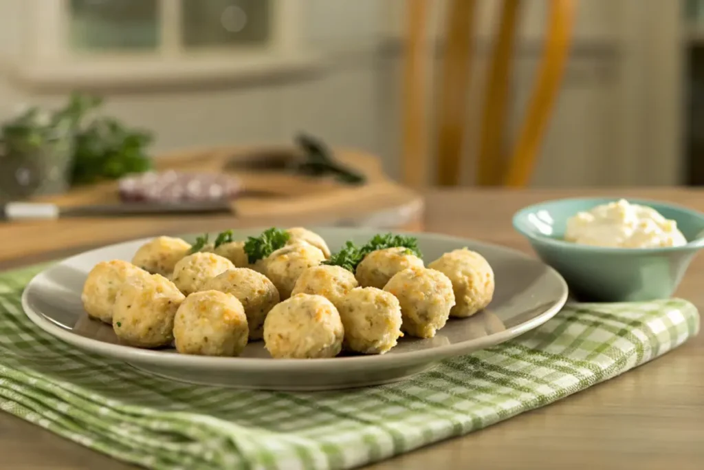 Plate of golden-brown sausage balls with cream cheese in a rustic kitchen setting.